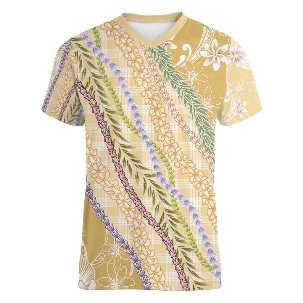 Yellow Palaka Hawaii Leis Women V-Neck T-Shirt Hawaiian-plaid Elegant Tropical Vibes - Polynesian Pride