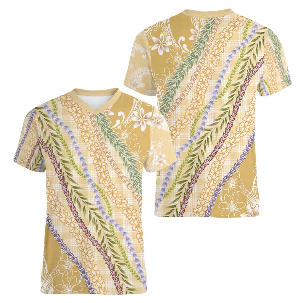 Yellow Palaka Hawaii Leis Women V-Neck T-Shirt Hawaiian-plaid Elegant Tropical Vibes - Polynesian Pride