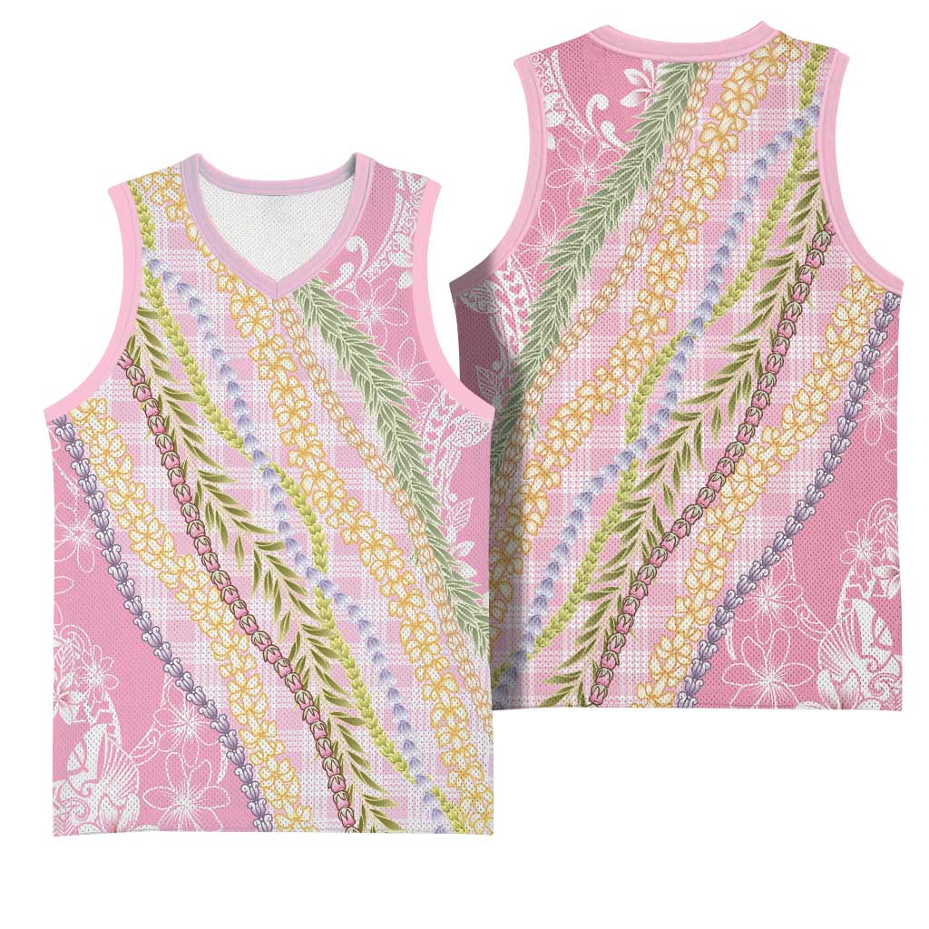 Pink Palaka Hawaii Leis Basketball Jersey Hawaiian-plaid Elegant Tropical Vibes - Polynesian Pride