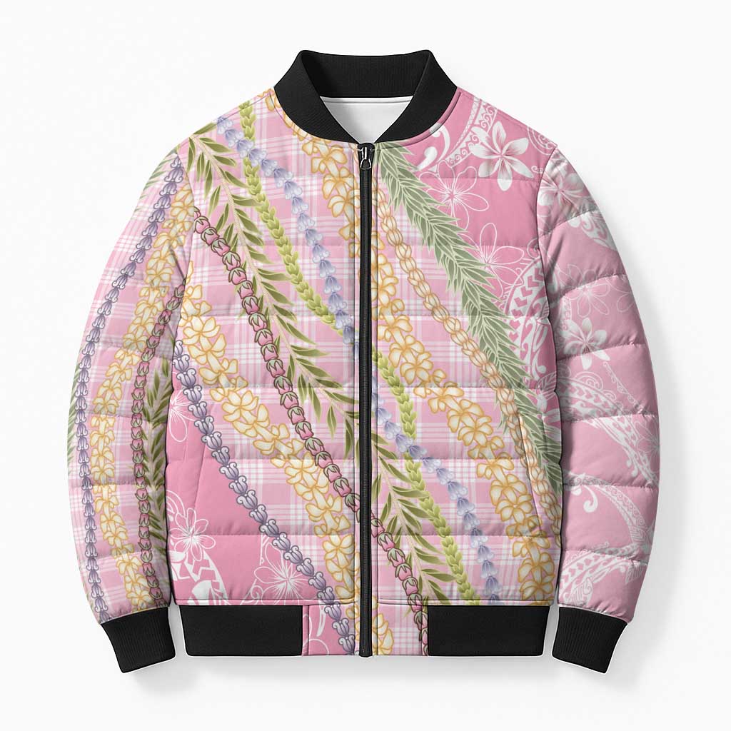 Pink Palaka Hawaii Leis Bomber Puffer Jacket Hawaiian-plaid Elegant Tropical Vibes - Polynesian Pride