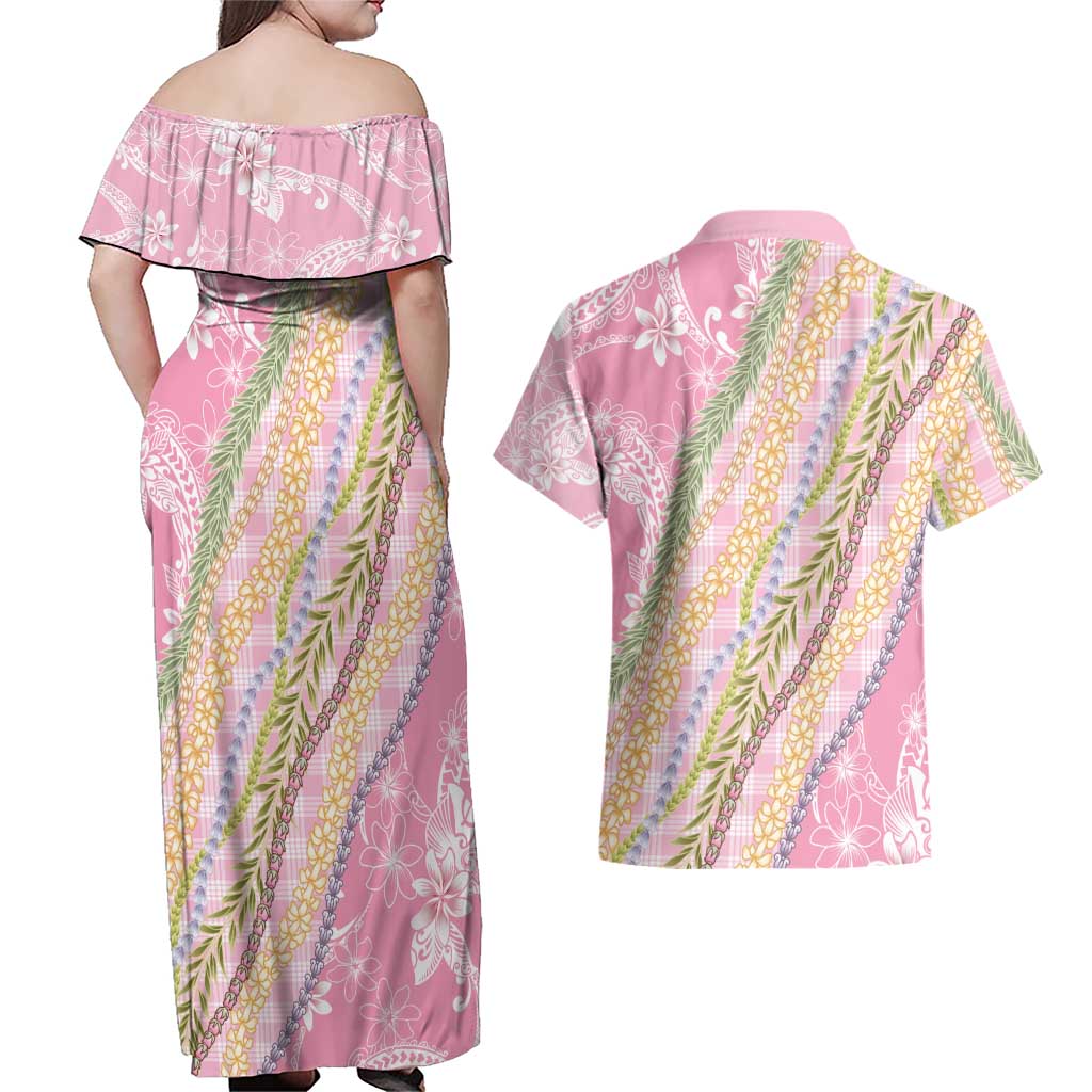 Pink Palaka Hawaii Leis Couples Matching Off Shoulder Maxi Dress and Hawaiian Shirt Hawaiian-plaid Elegant Tropical Vibes - Polynesian Pride