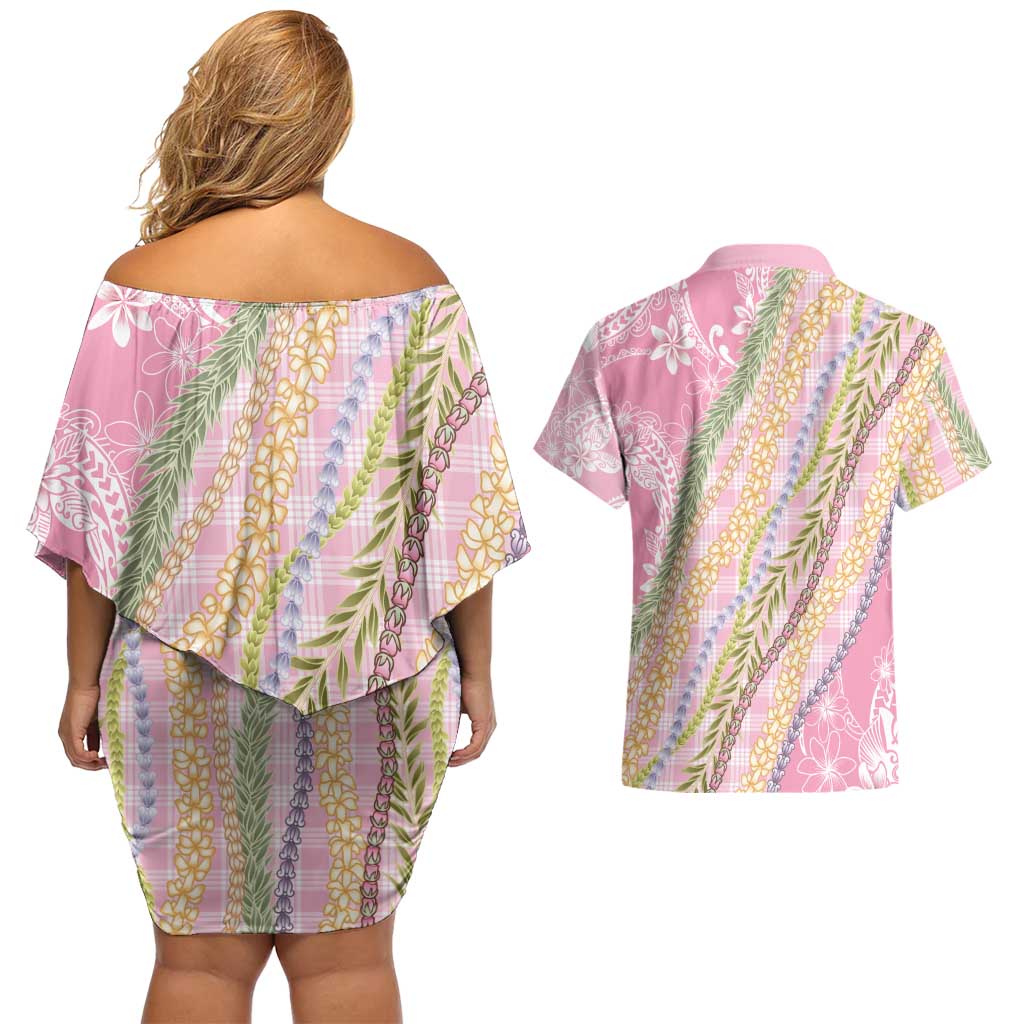Pink Palaka Hawaii Leis Couples Matching Off Shoulder Short Dress and Hawaiian Shirt Hawaiian-plaid Elegant Tropical Vibes - Polynesian Pride