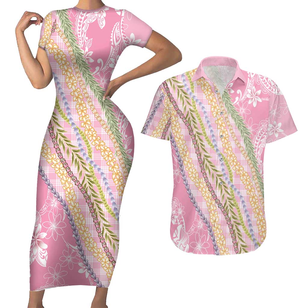 Pink Palaka Hawaii Leis Couples Matching Short Sleeve Bodycon Dress and Hawaiian Shirt Hawaiian-plaid Elegant Tropical Vibes LT14 Pink - Polynesian Pride