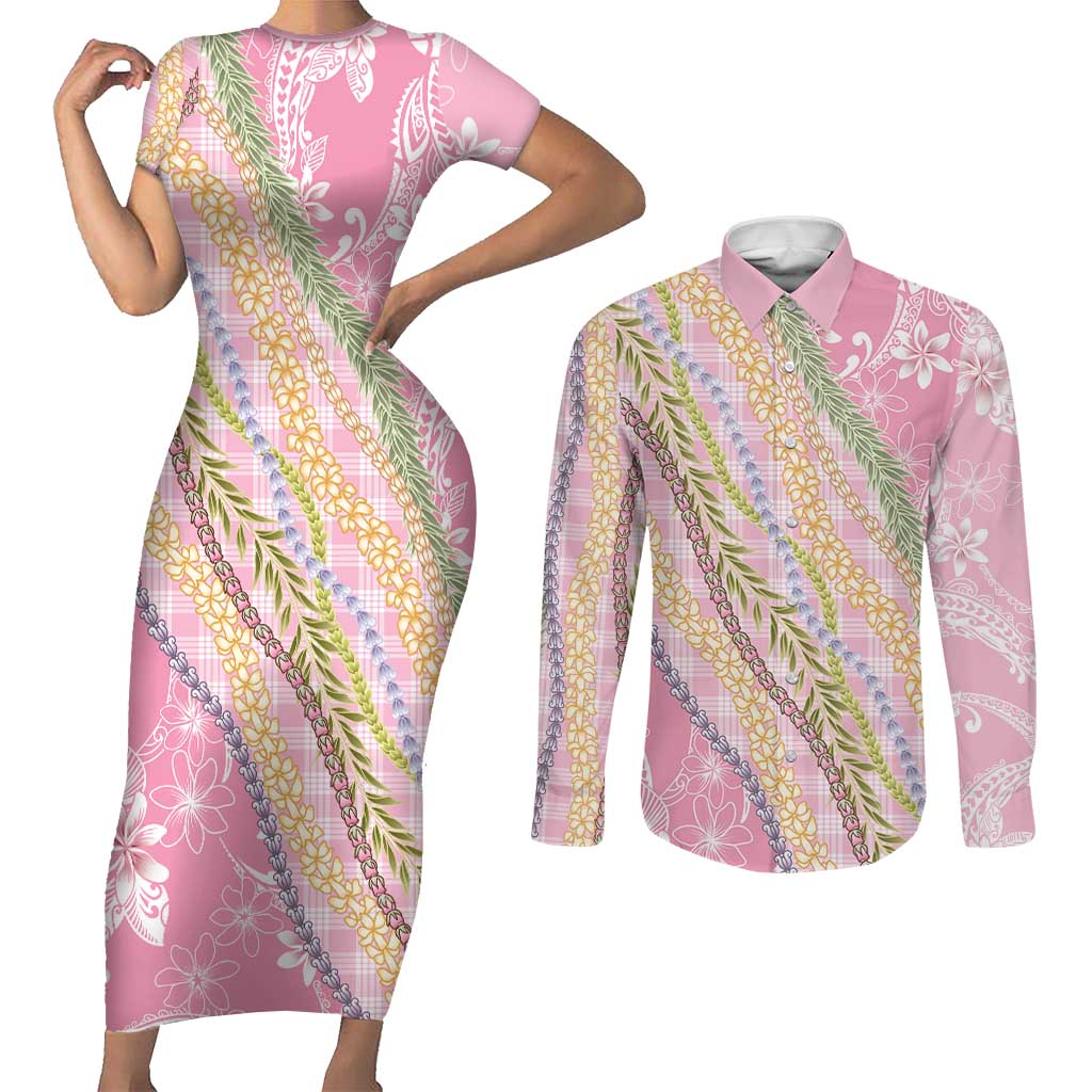 Pink Palaka Hawaii Leis Couples Matching Short Sleeve Bodycon Dress and Long Sleeve Button Shirt Hawaiian-plaid Elegant Tropical Vibes LT14 Pink - Polynesian Pride