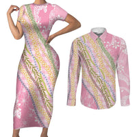 Pink Palaka Hawaii Leis Couples Matching Short Sleeve Bodycon Dress and Long Sleeve Button Shirt Hawaiian-plaid Elegant Tropical Vibes LT14 Pink - Polynesian Pride