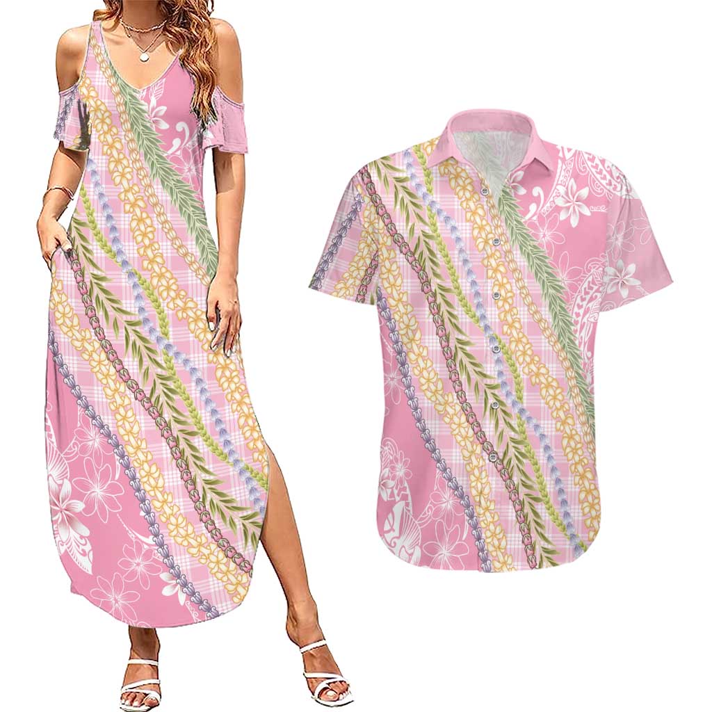 Pink Palaka Hawaii Leis Couples Matching Summer Maxi Dress and Hawaiian Shirt Hawaiian-plaid Elegant Tropical Vibes - Polynesian Pride
