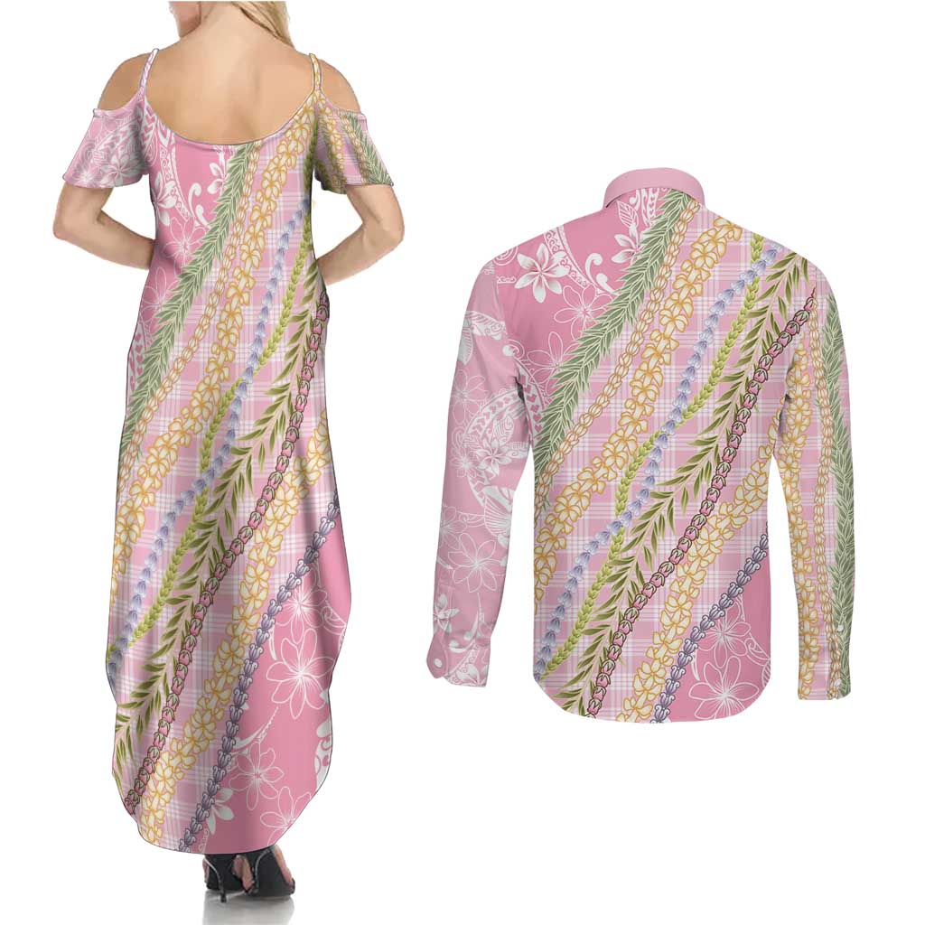 Pink Palaka Hawaii Leis Couples Matching Summer Maxi Dress and Long Sleeve Button Shirt Hawaiian-plaid Elegant Tropical Vibes - Polynesian Pride
