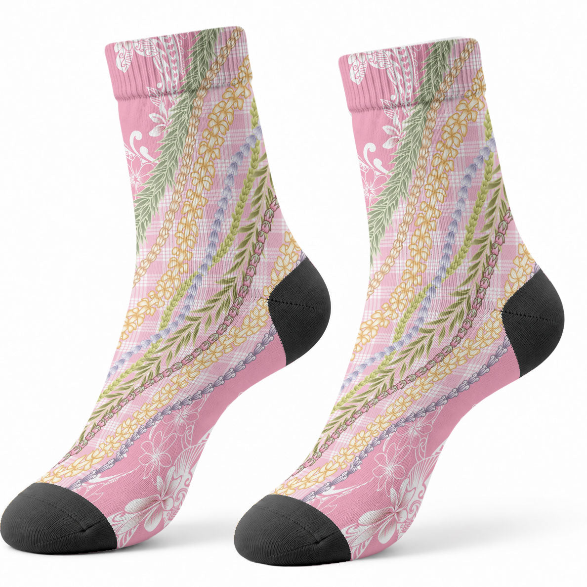 Pink Palaka Hawaii Leis Crew Socks Hawaiian-plaid Elegant Tropical Vibes LT14 - Polynesian Pride