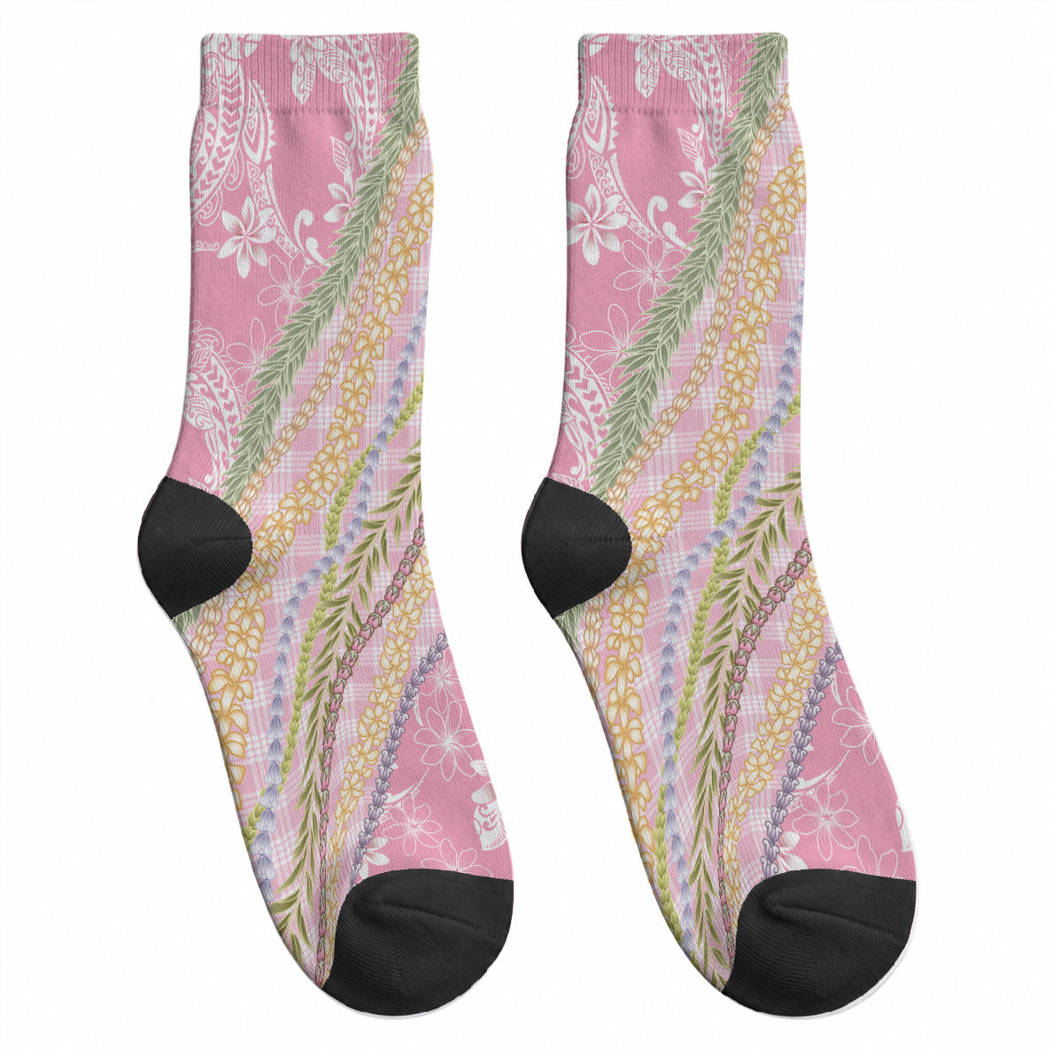 Pink Palaka Hawaii Leis Crew Socks Hawaiian-plaid Elegant Tropical Vibes LT14 - Polynesian Pride