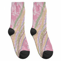 Pink Palaka Hawaii Leis Crew Socks Hawaiian-plaid Elegant Tropical Vibes LT14 - Polynesian Pride