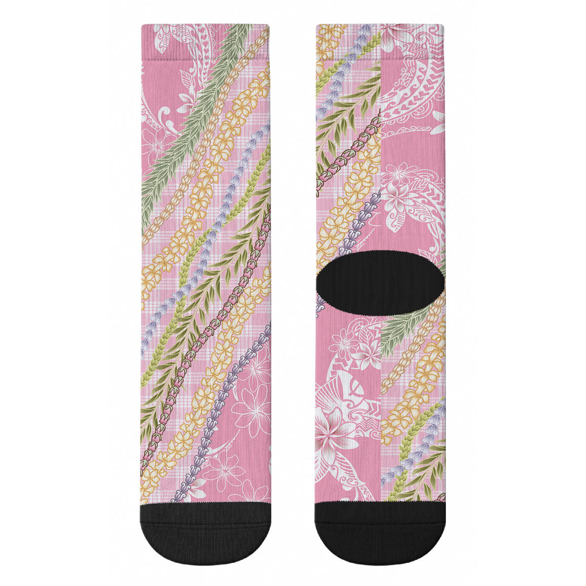 Pink Palaka Hawaii Leis Crew Socks Hawaiian-plaid Elegant Tropical Vibes LT14 - Polynesian Pride