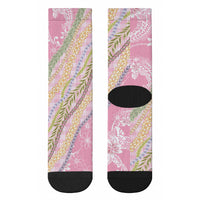 Pink Palaka Hawaii Leis Crew Socks Hawaiian-plaid Elegant Tropical Vibes LT14 - Polynesian Pride