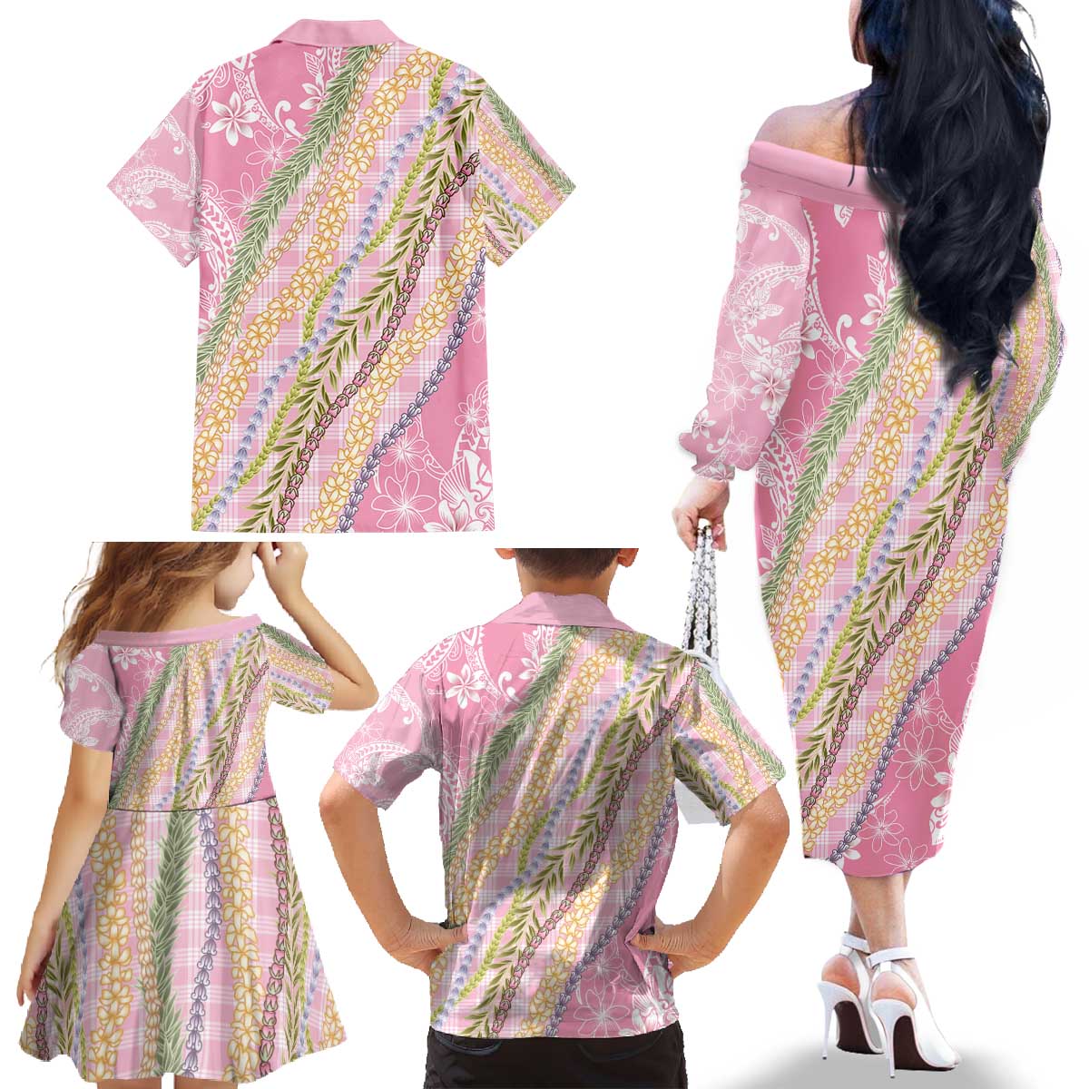 Pink Palaka Hawaii Leis Family Matching Off The Shoulder Long Sleeve Dress and Hawaiian Shirt Hawaiian-plaid Elegant Tropical Vibes - Polynesian Pride