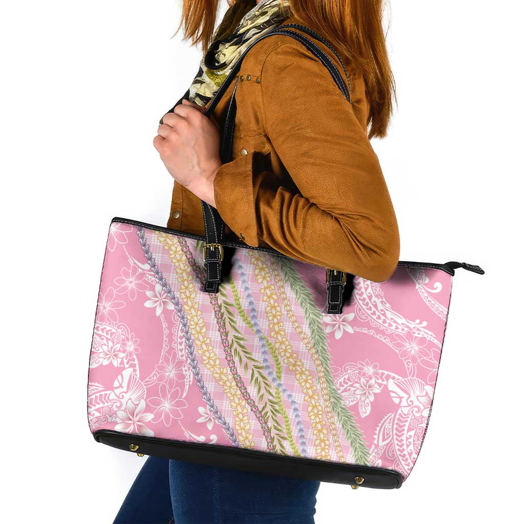 Pink Palaka Hawaii Leis Leather Tote Bag Hawaiian-plaid Elegant Tropical Vibes - Polynesian Pride