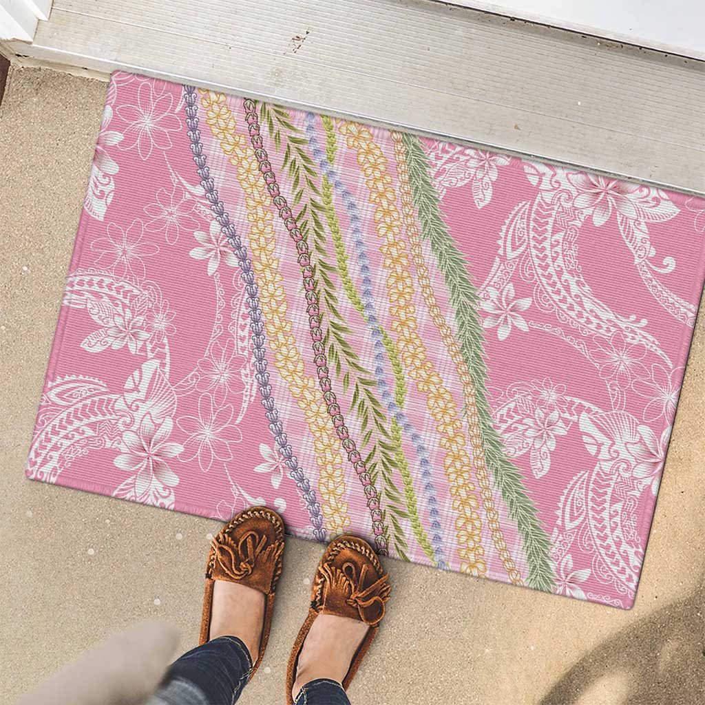 Pink Palaka Hawaii Leis Rubber Doormat Hawaiian-plaid Elegant Tropical Vibes - Polynesian Pride