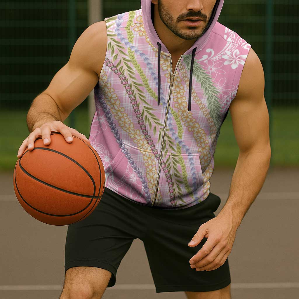 Pink Palaka Hawaii Leis Sleeveless Zip Hoodie Hawaiian-plaid Elegant Tropical Vibes - Polynesian Pride