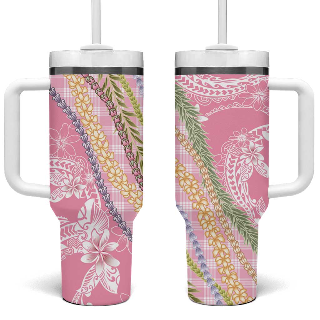 Pink Palaka Hawaii Leis Tumbler With Handle Hawaiian-plaid Elegant Tropical Vibes - Polynesian Pride