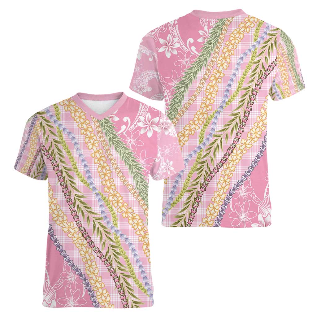 Pink Palaka Hawaii Leis Women V-Neck T-Shirt Hawaiian-plaid Elegant Tropical Vibes - Polynesian Pride
