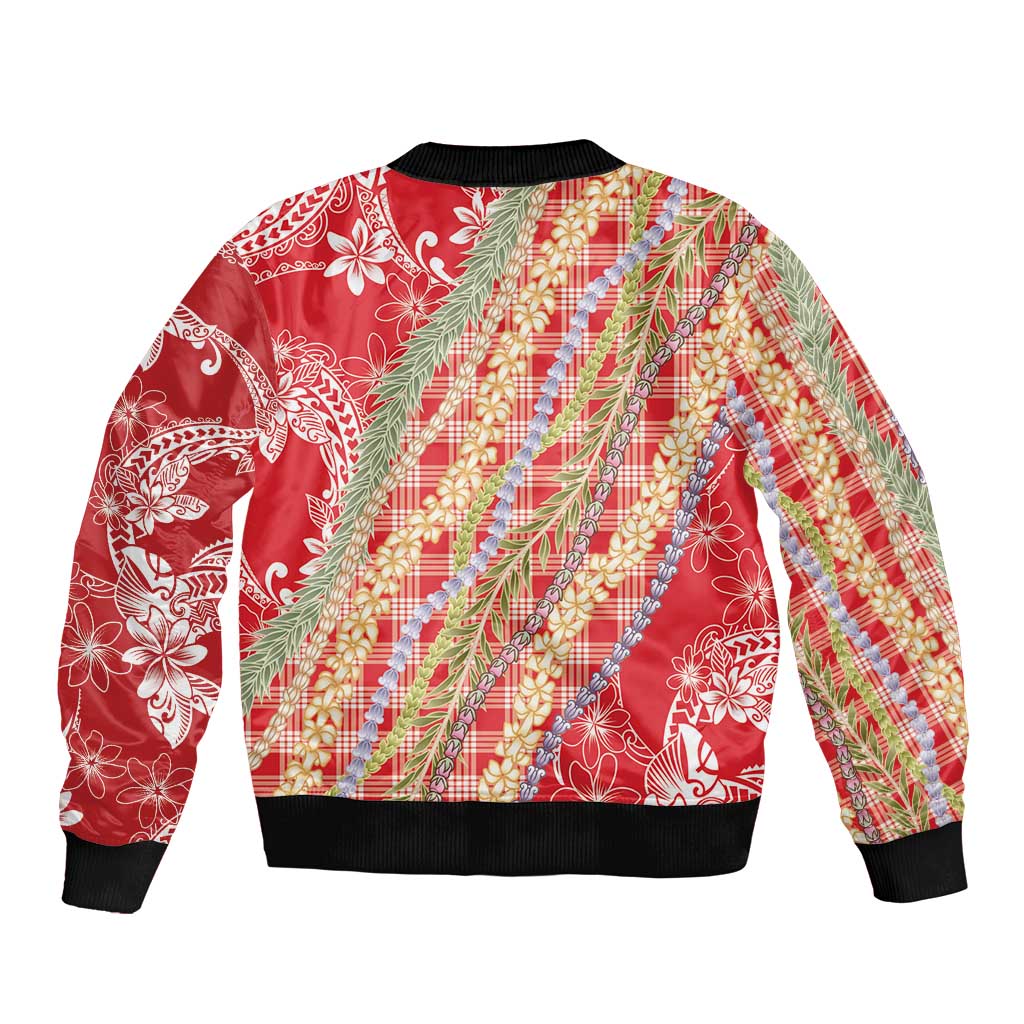 Red Palaka Hawaii Leis Bomber Jacket Hawaiian-plaid Elegant Tropical Vibes - Polynesian Pride
