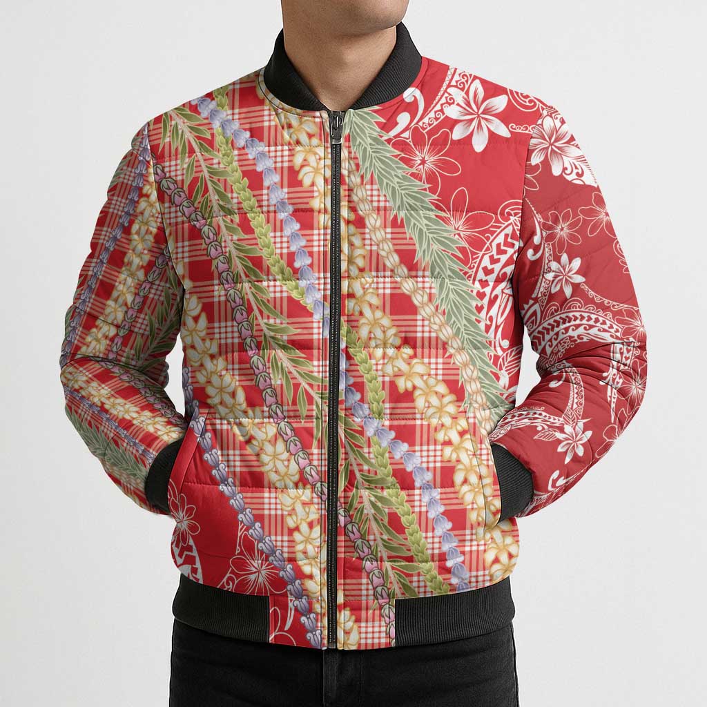 Red Palaka Hawaii Leis Bomber Puffer Jacket Hawaiian-plaid Elegant Tropical Vibes - Polynesian Pride