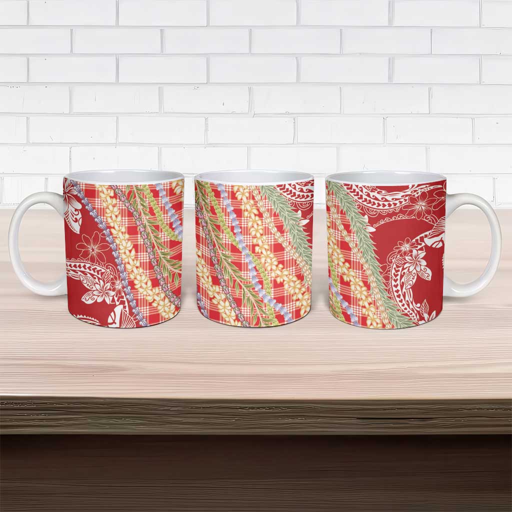 Red Palaka Hawaii Leis Ceramic Mug Hawaiian-plaid Elegant Tropical Vibes - Polynesian Pride