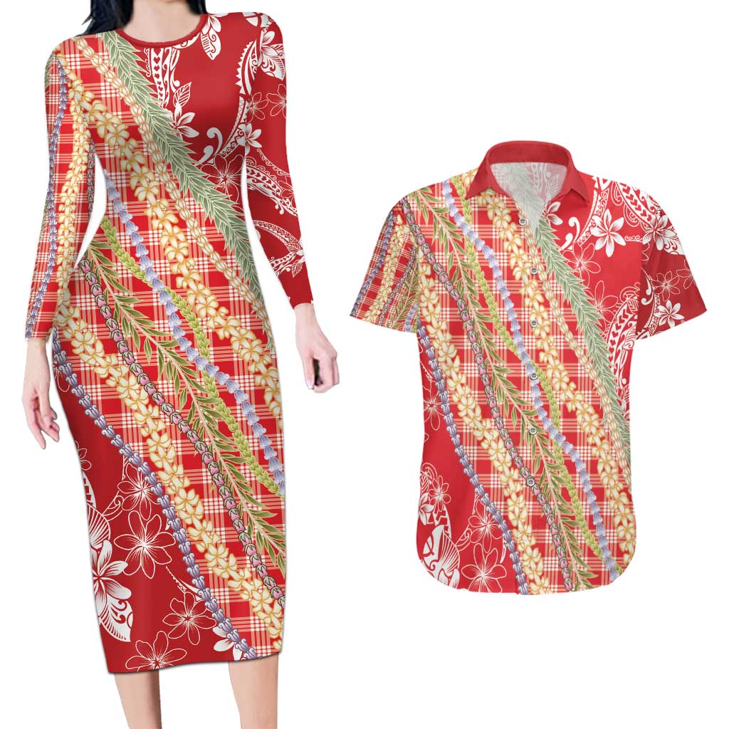 Red Palaka Hawaii Leis Couples Matching Long Sleeve Bodycon Dress and Hawaiian Shirt Hawaiian-plaid Elegant Tropical Vibes - Polynesian Pride