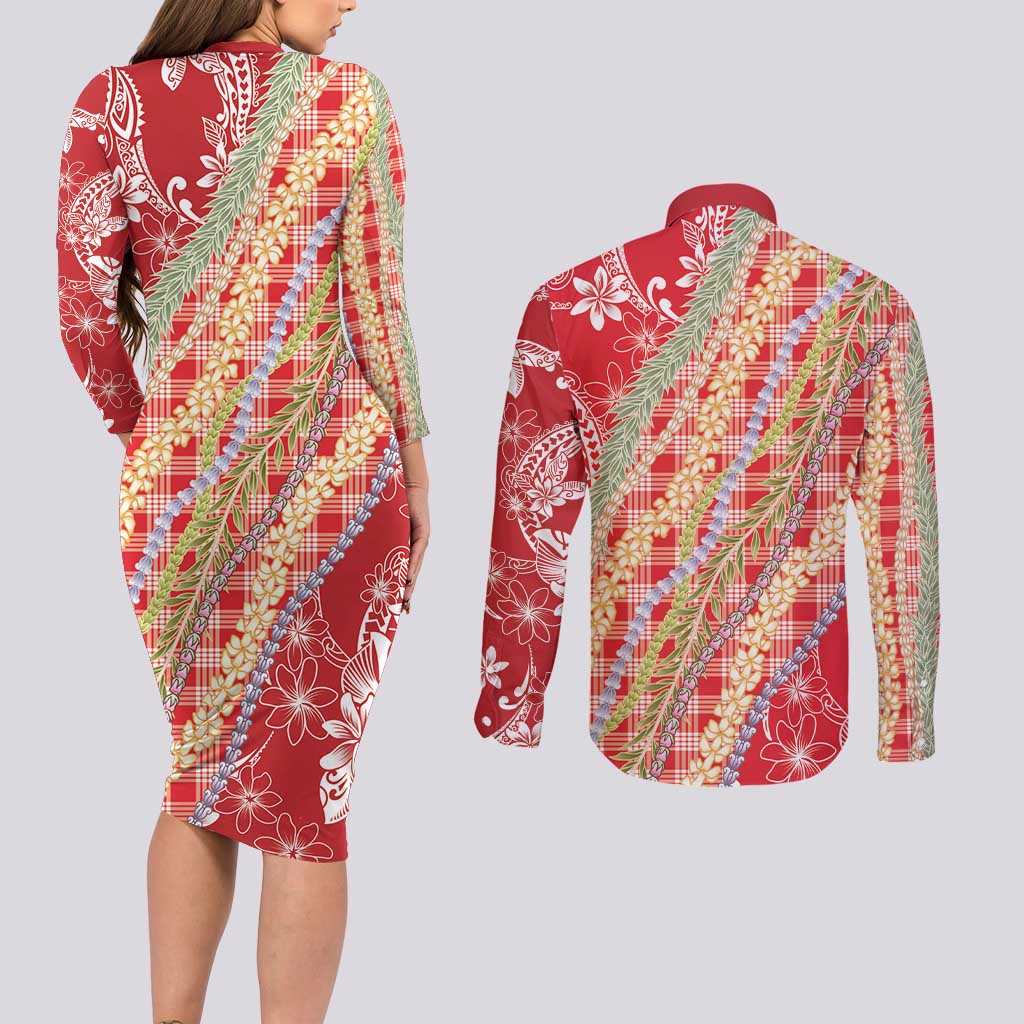 Red Palaka Hawaii Leis Couples Matching Long Sleeve Bodycon Dress and Long Sleeve Button Shirt Hawaiian-plaid Elegant Tropical Vibes - Polynesian Pride