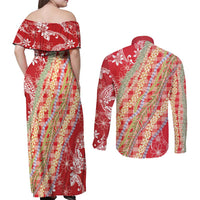 Red Palaka Hawaii Leis Couples Matching Off Shoulder Maxi Dress and Long Sleeve Button Shirt Hawaiian-plaid Elegant Tropical Vibes - Polynesian Pride