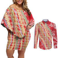 Red Palaka Hawaii Leis Couples Matching Off Shoulder Short Dress and Long Sleeve Button Shirt Hawaiian-plaid Elegant Tropical Vibes - Polynesian Pride