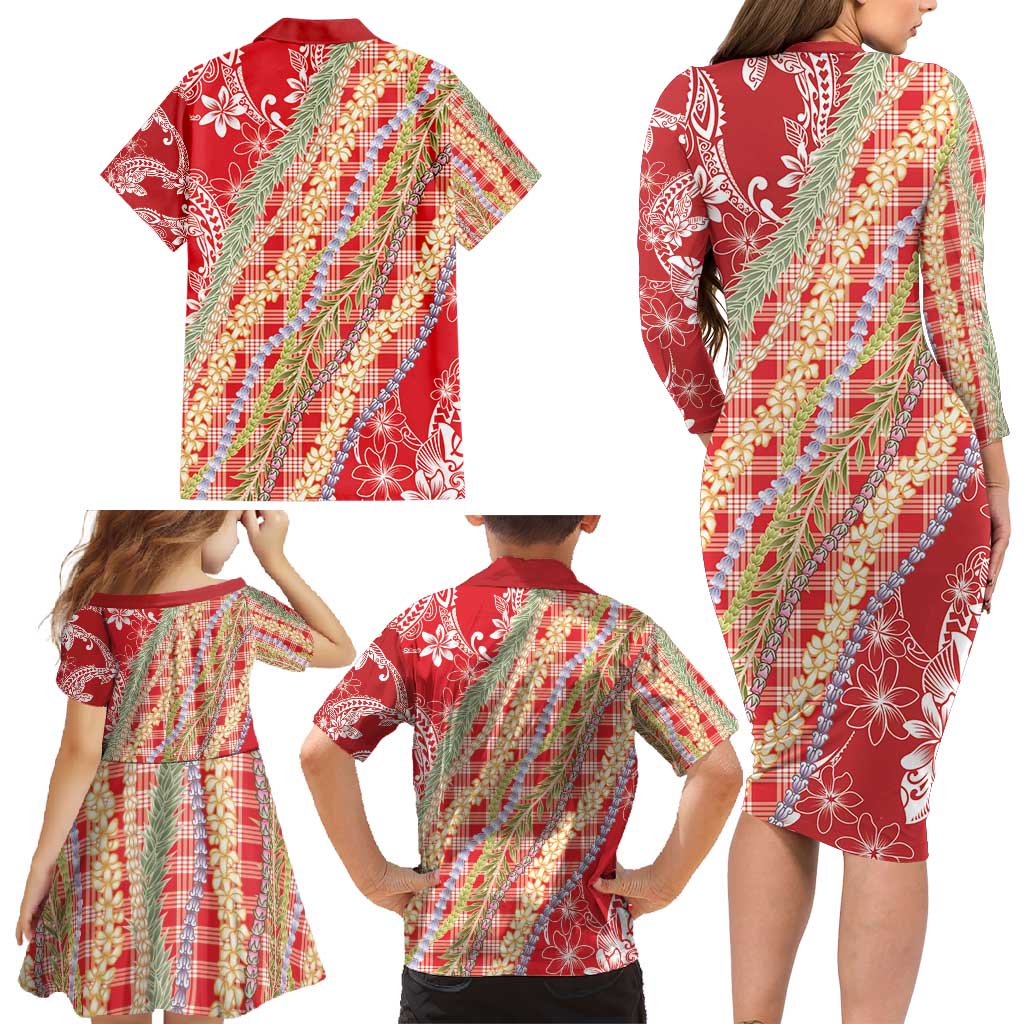 Red Palaka Hawaii Leis Family Matching Long Sleeve Bodycon Dress and Hawaiian Shirt Hawaiian-plaid Elegant Tropical Vibes - Polynesian Pride