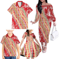 Red Palaka Hawaii Leis Family Matching Off The Shoulder Long Sleeve Dress and Hawaiian Shirt Hawaiian-plaid Elegant Tropical Vibes - Polynesian Pride