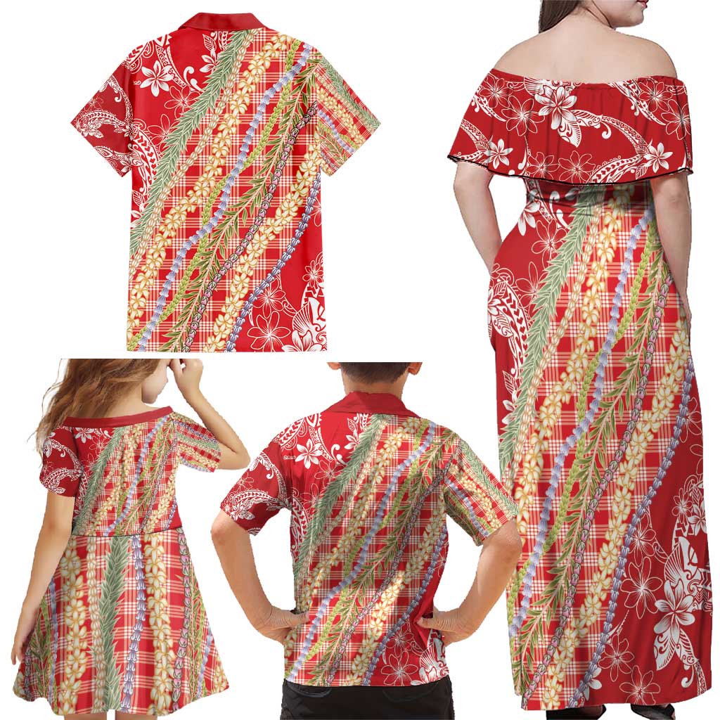 Red Palaka Hawaii Leis Family Matching Off Shoulder Maxi Dress and Hawaiian Shirt Hawaiian-plaid Elegant Tropical Vibes - Polynesian Pride