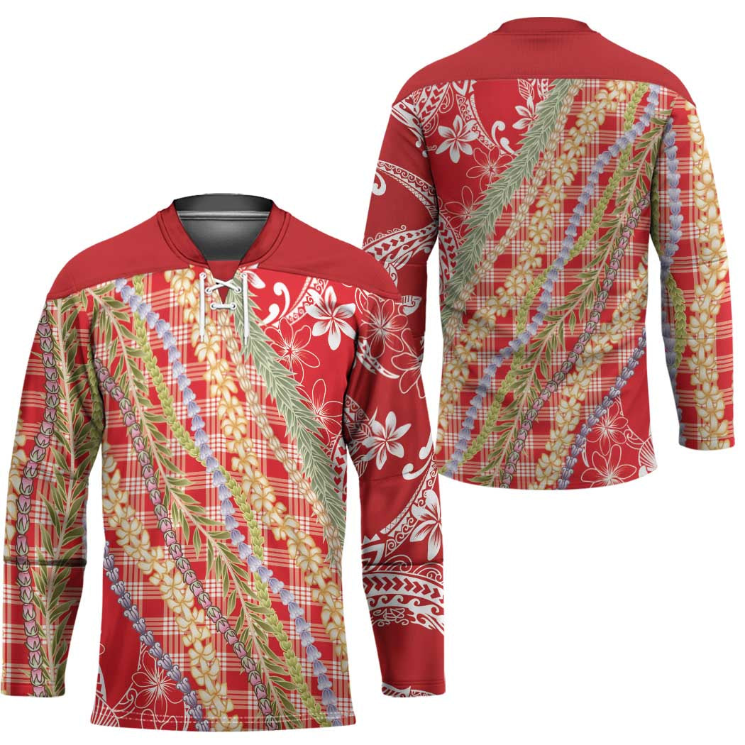Red Palaka Hawaii Leis Hockey Jersey Hawaiian-plaid Elegant Tropical Vibes - Polynesian Pride