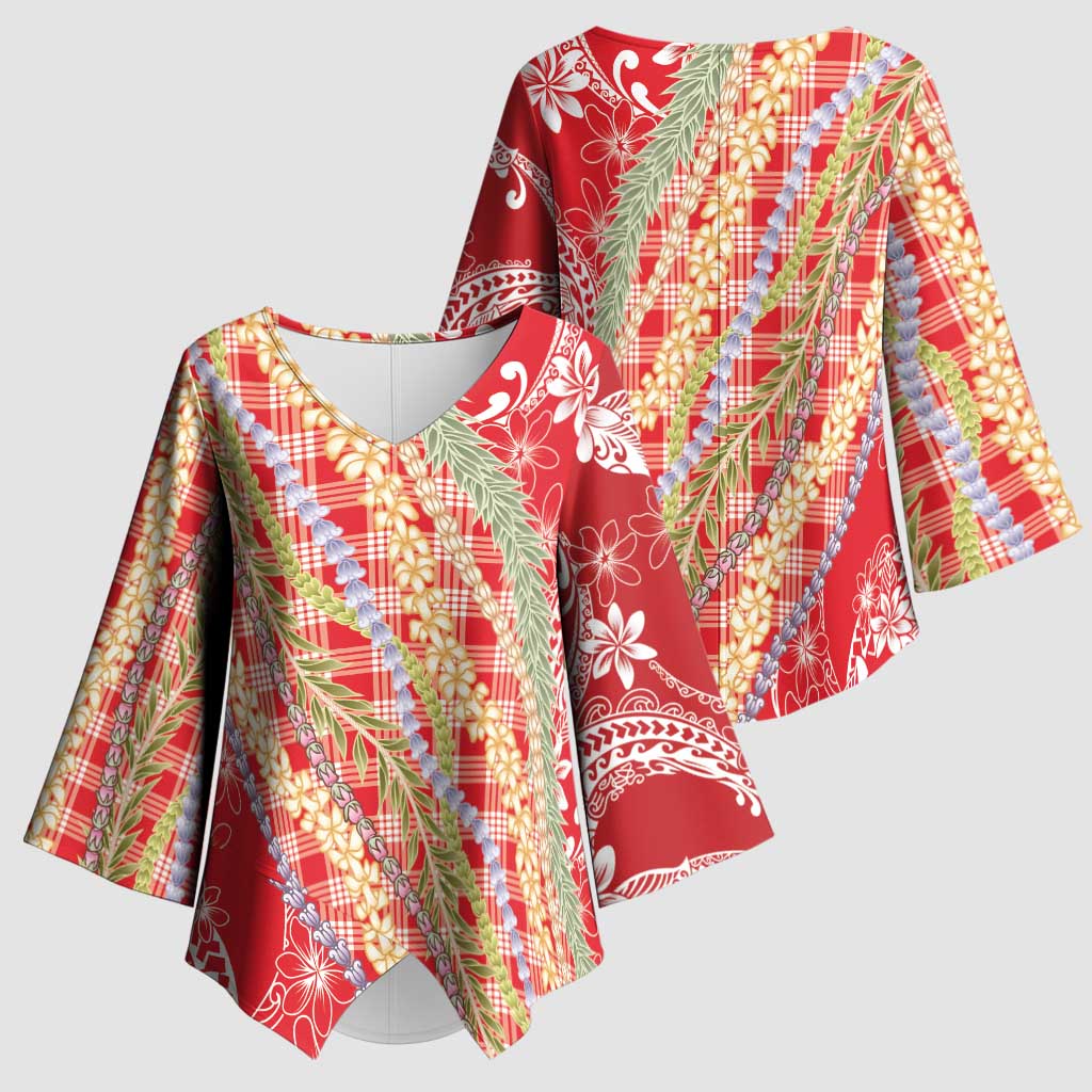 Red Palaka Hawaii Leis Kimono Sleeve Blouse Hawaiian-plaid Elegant Tropical Vibes - Polynesian Pride