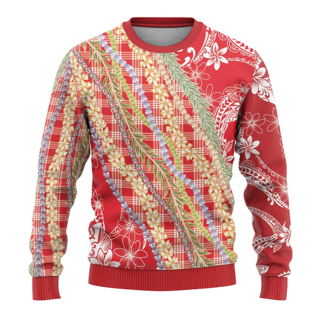 Red Palaka Hawaii Leis Ugly Christmas Sweater Hawaiian-plaid Elegant Tropical Vibes - Polynesian Pride