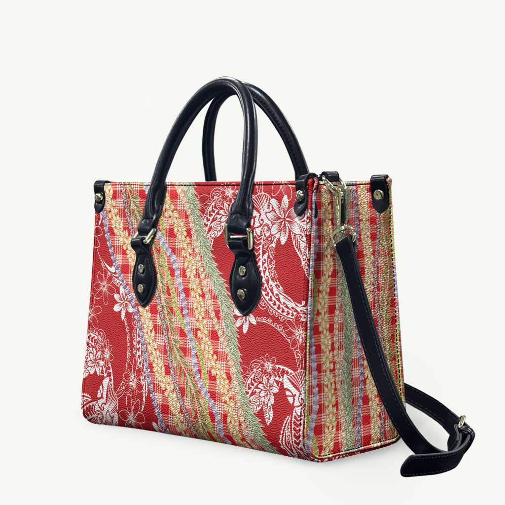 Red Palaka Hawaii Leis Leather Bag Hawaiian-plaid Elegant Tropical Vibes - Polynesian Pride