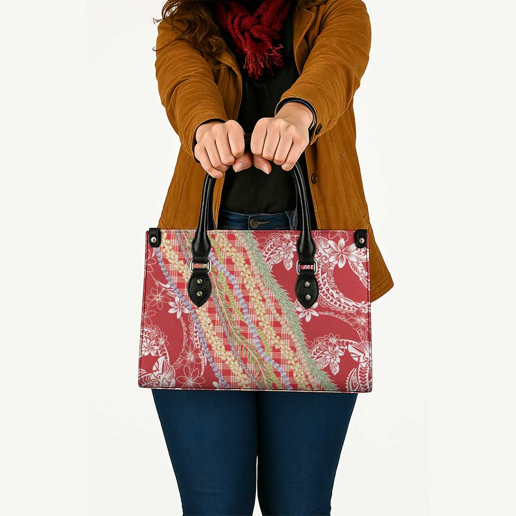 Red Palaka Hawaii Leis Leather Bag Hawaiian-plaid Elegant Tropical Vibes - Polynesian Pride