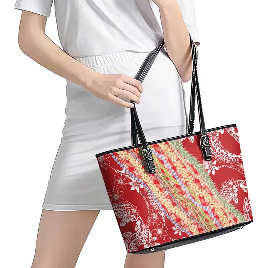 Red Palaka Hawaii Leis Leather Tote Bag Hawaiian-plaid Elegant Tropical Vibes - Polynesian Pride