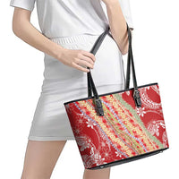 Red Palaka Hawaii Leis Leather Tote Bag Hawaiian-plaid Elegant Tropical Vibes - Polynesian Pride