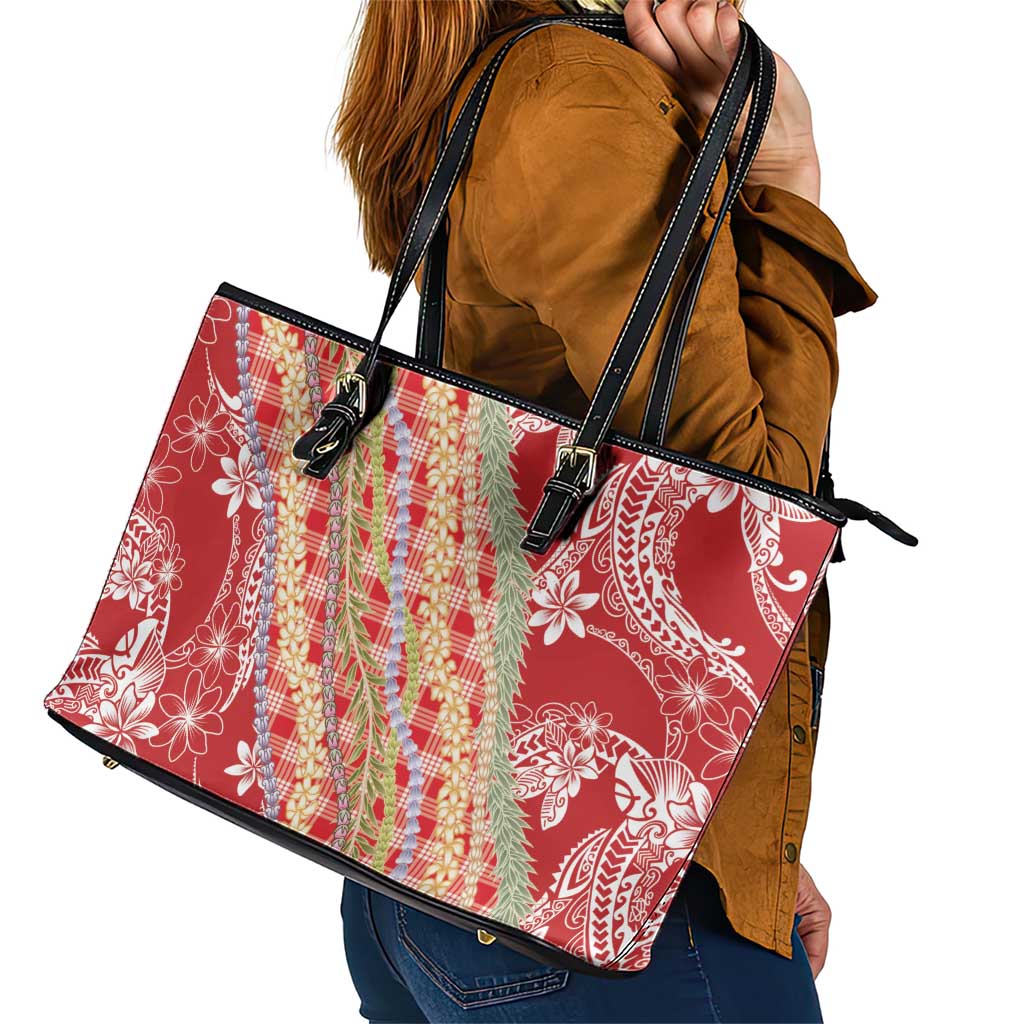 Red Palaka Hawaii Leis Leather Tote Bag Hawaiian-plaid Elegant Tropical Vibes - Polynesian Pride