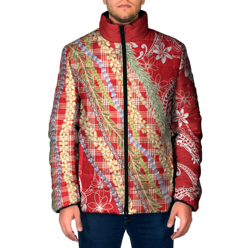 Red Palaka Hawaii Leis Padded Jacket Hawaiian-plaid Elegant Tropical Vibes - Polynesian Pride