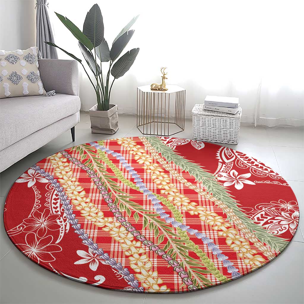 Red Palaka Hawaii Leis Round Carpet Hawaiian-plaid Elegant Tropical Vibes - Polynesian Pride