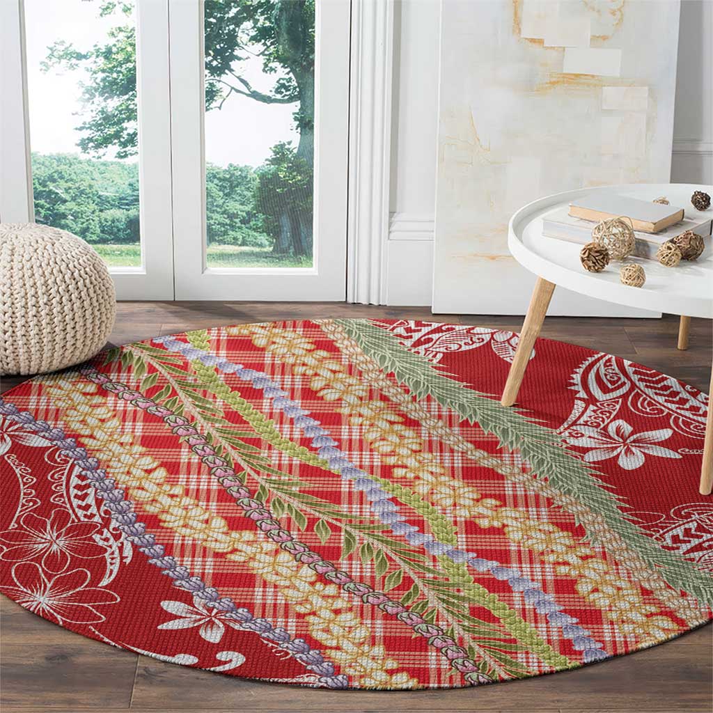 Red Palaka Hawaii Leis Round Carpet Hawaiian-plaid Elegant Tropical Vibes - Polynesian Pride