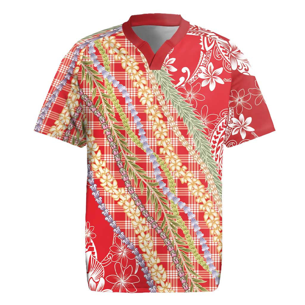 Red Palaka Hawaii Leis Rugby Jersey Hawaiian-plaid Elegant Tropical Vibes - Polynesian Pride