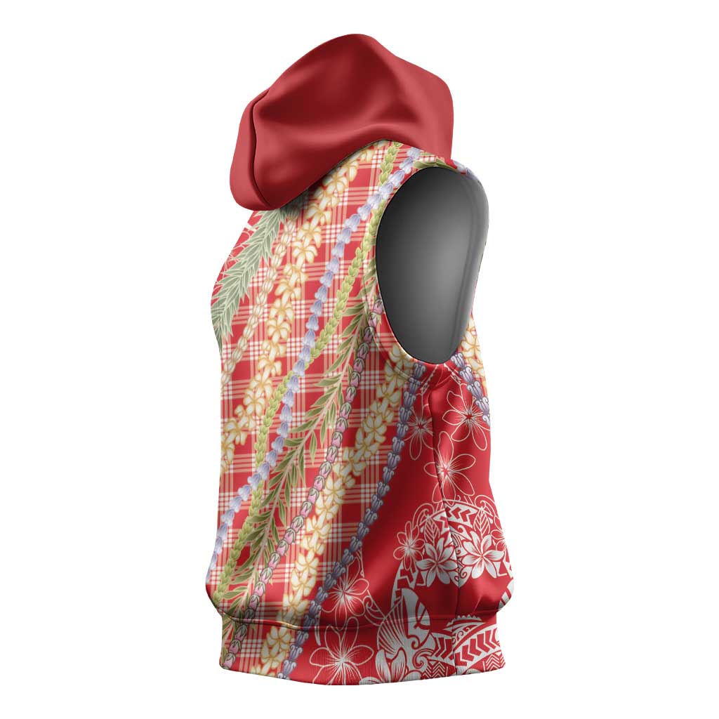 Red Palaka Hawaii Leis Sleeveless Hoodie Hawaiian-plaid Elegant Tropical Vibes - Polynesian Pride