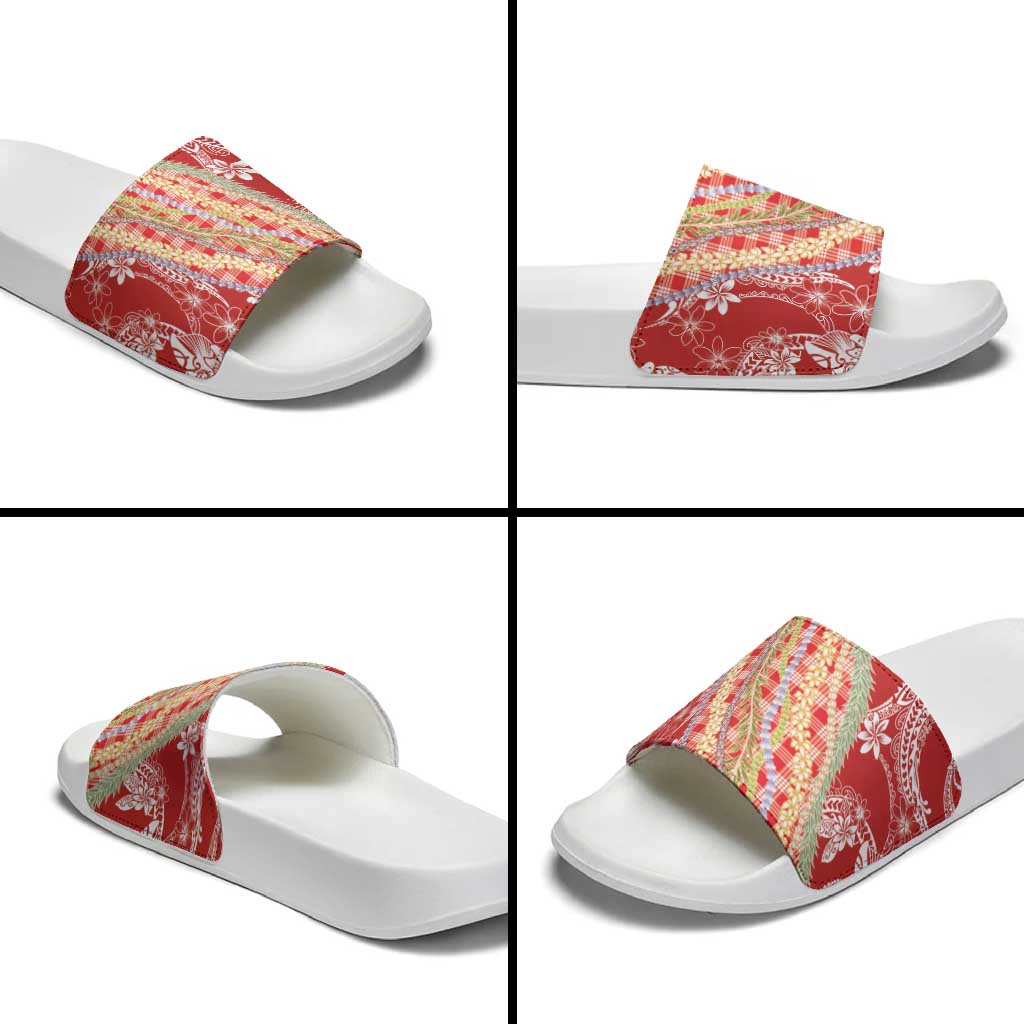 Red Palaka Hawaii Leis Slide Sandals Hawaiian-plaid Elegant Tropical Vibes - Polynesian Pride