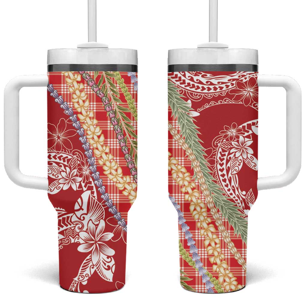Red Palaka Hawaii Leis Tumbler With Handle Hawaiian-plaid Elegant Tropical Vibes - Polynesian Pride