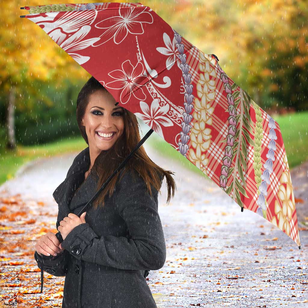 Red Palaka Hawaii Leis Umbrella Hawaiian-plaid Elegant Tropical Vibes - Polynesian Pride