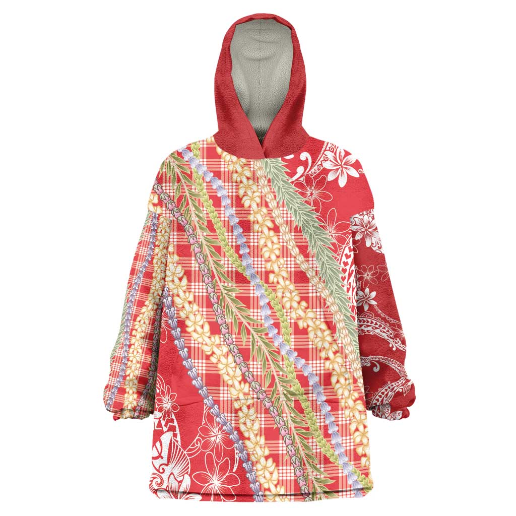Red Palaka Hawaii Leis Wearable Blanket Hoodie Hawaiian-plaid Elegant Tropical Vibes - Polynesian Pride