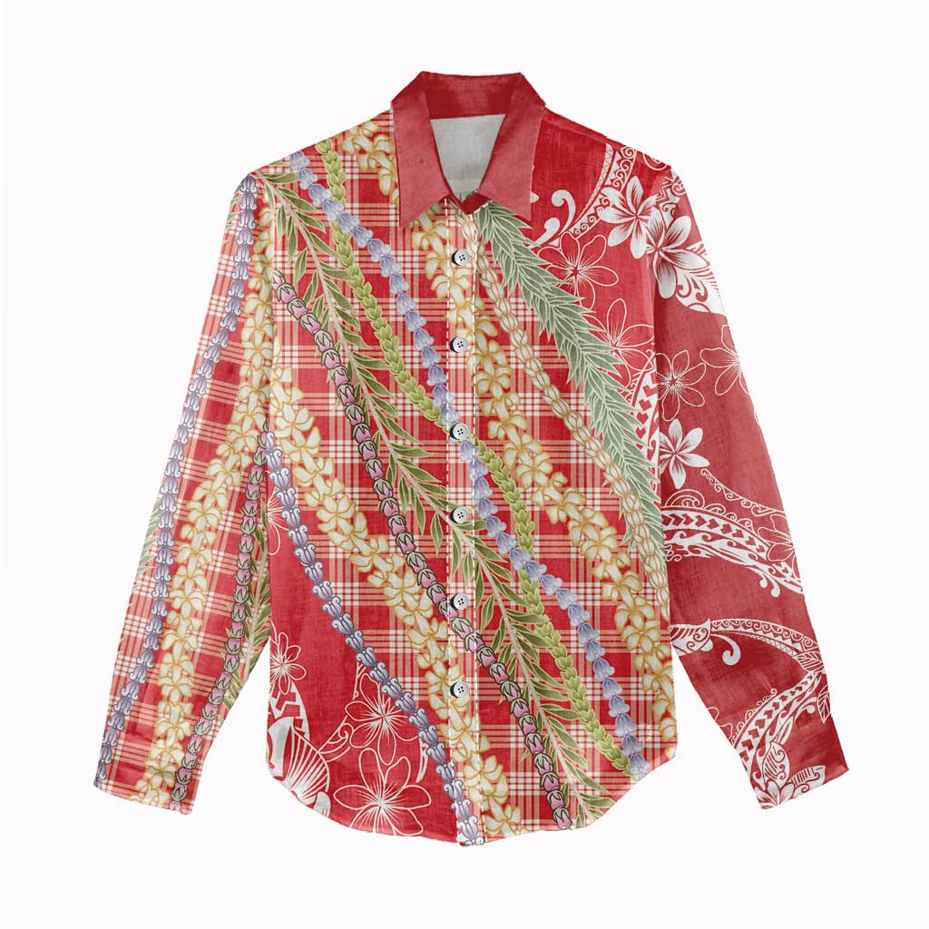 Red Palaka Hawaii Leis Women Casual Shirt Hawaiian-plaid Elegant Tropical Vibes - Polynesian Pride
